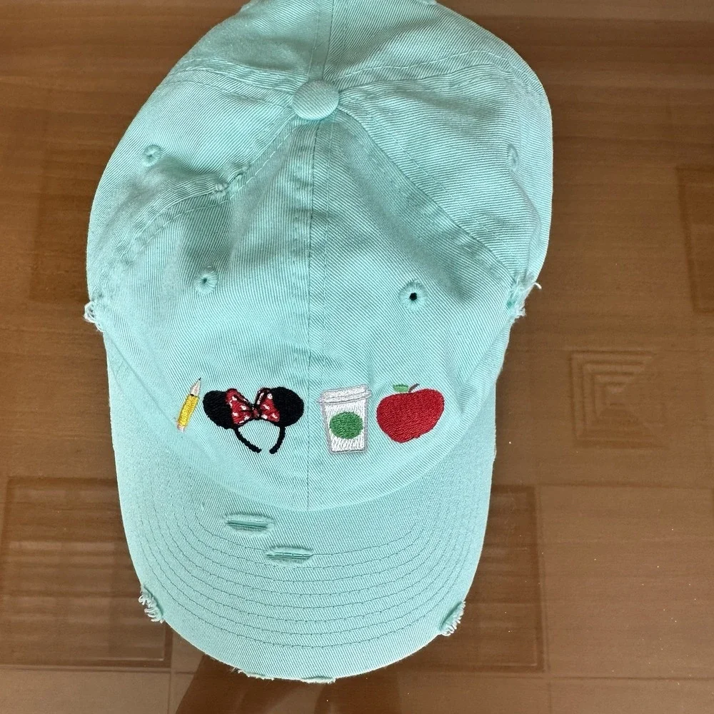 Disney Parks teal blue baseball cap Teacher Coffee Minnie Ears Distressed
